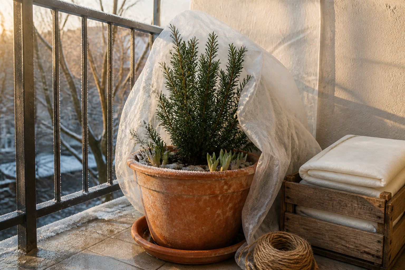 Balkonpflanzen im späten Winter mit abnehmbarem Schutzvlies