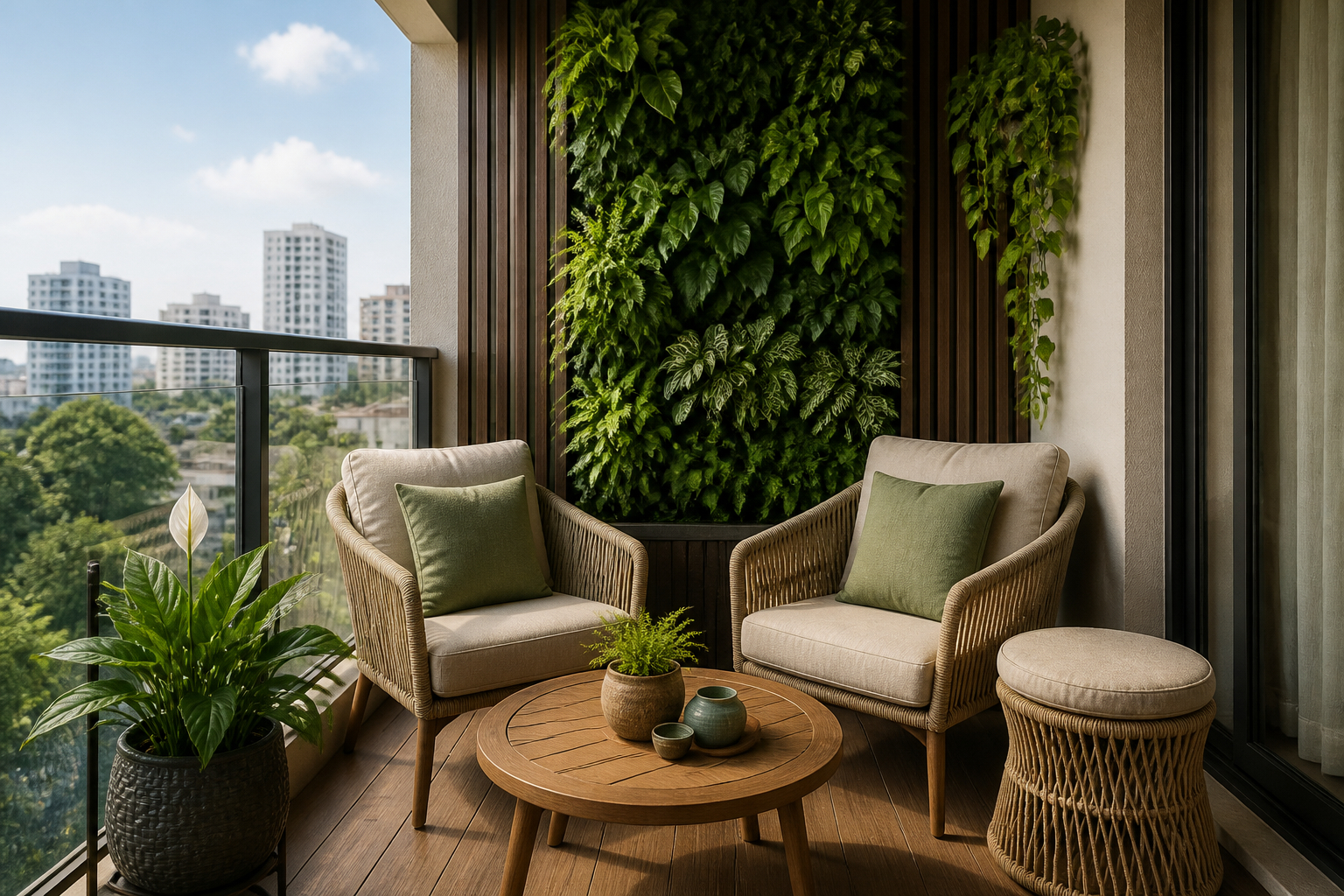 Flexible Loungezone auf kleinem Balkon mit Hockern