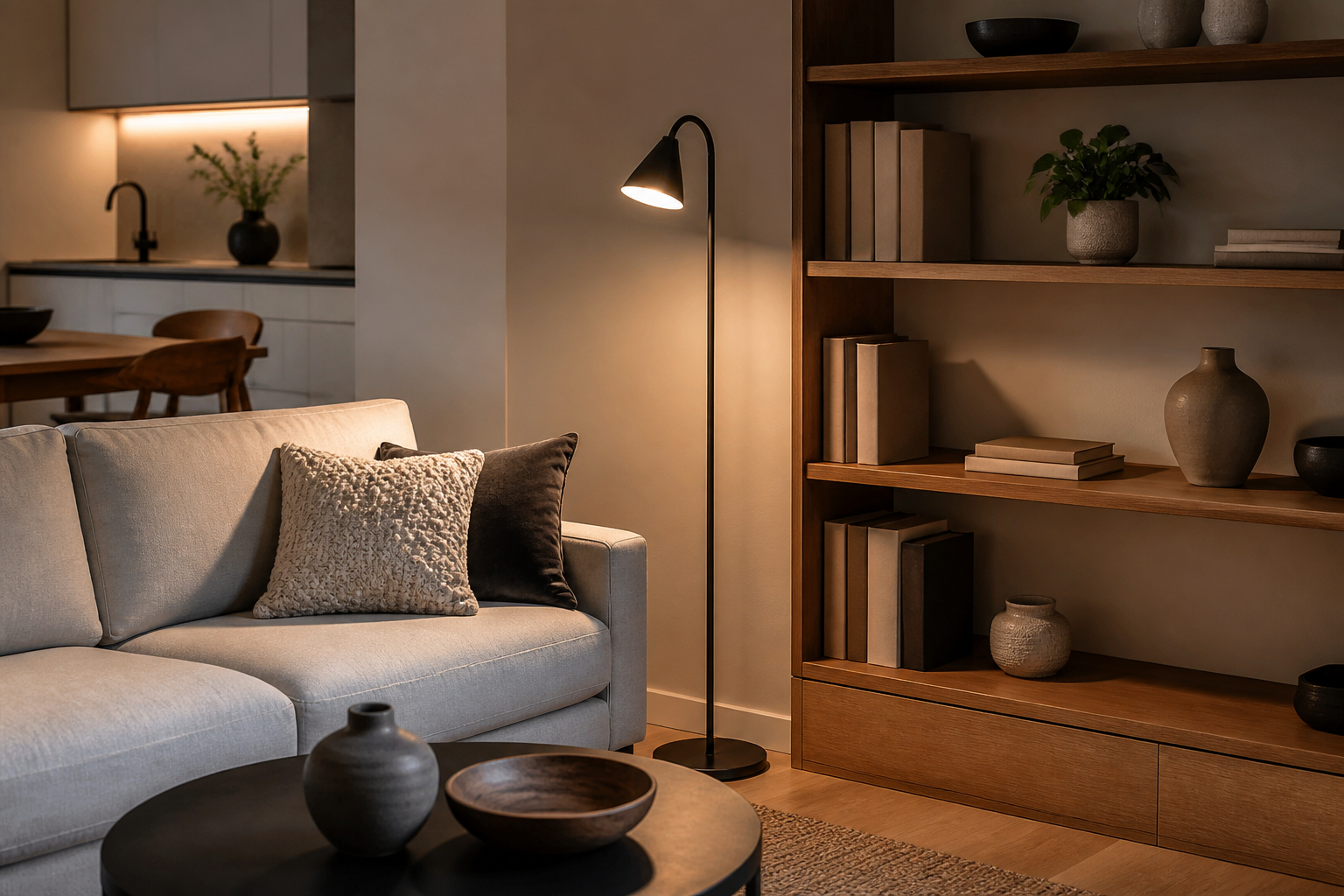 Stehlampe mit Regalen für kleine Wohnungen