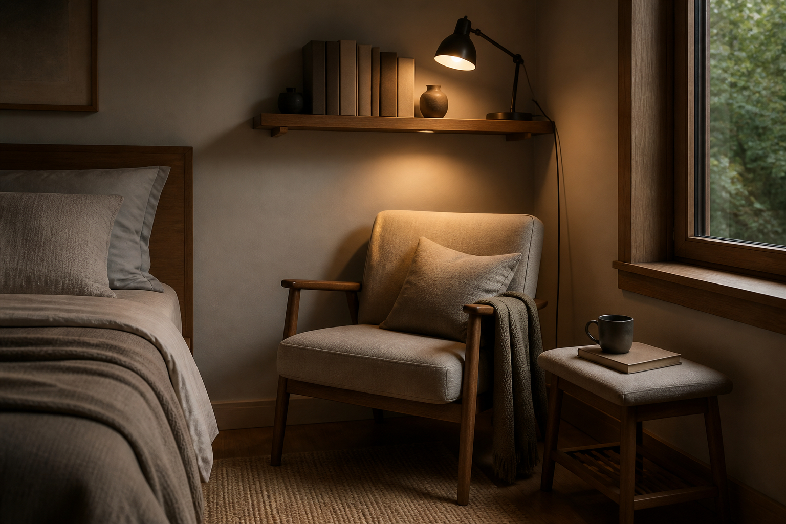 Platzsparende Leseecke im Schlafzimmer mit Wandregal