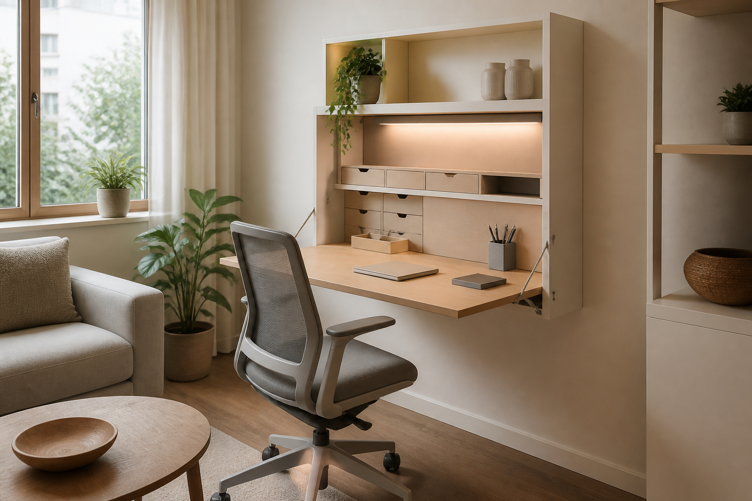 Platzsparender Klappschreibtisch im kleinen Homeoffice