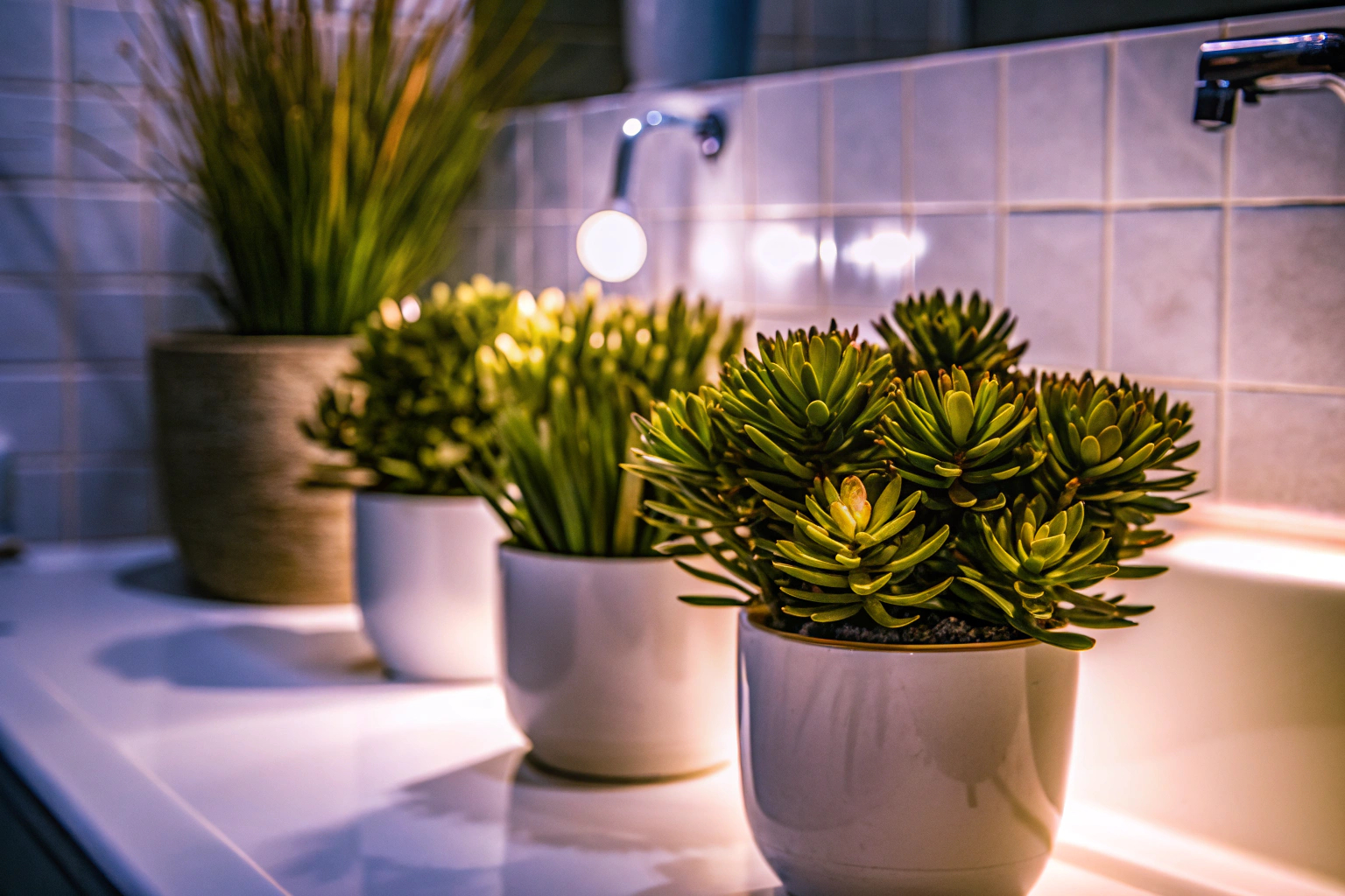Kunstpflanzen und LED-Sukkulenten im Badezimmer