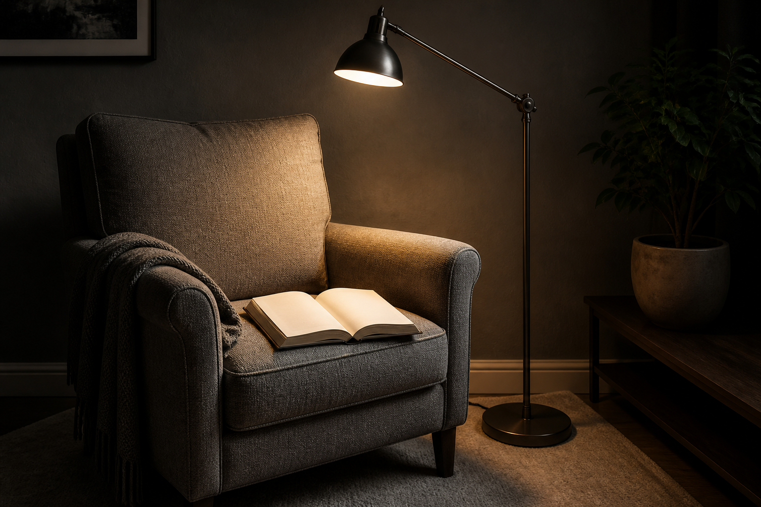 Verstellbare Bogenlampe als Leselicht neben einem Sessel