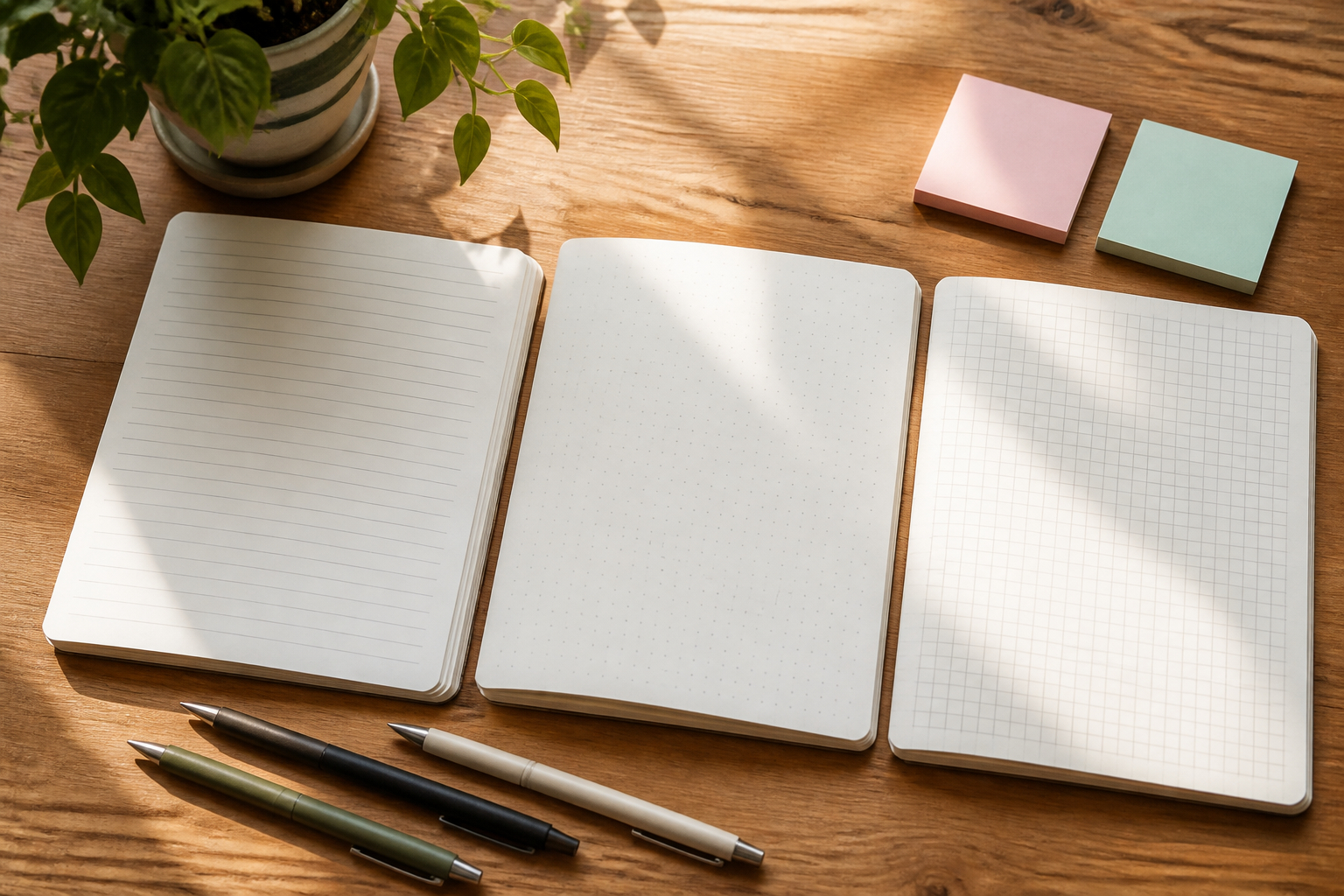 Vergleich verschiedener Journaling-Notizbücher mit Linien, Punkten und Karos
