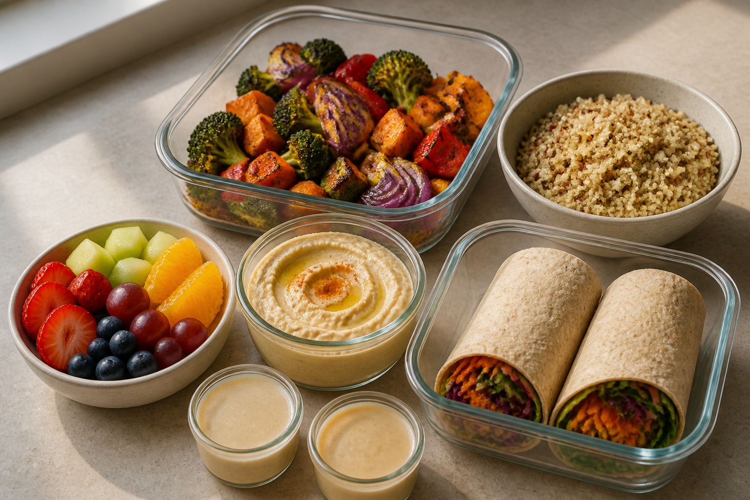 Meal Prep Zutaten für abwechslungsreichen Bürolunch ohne Mikrowelle