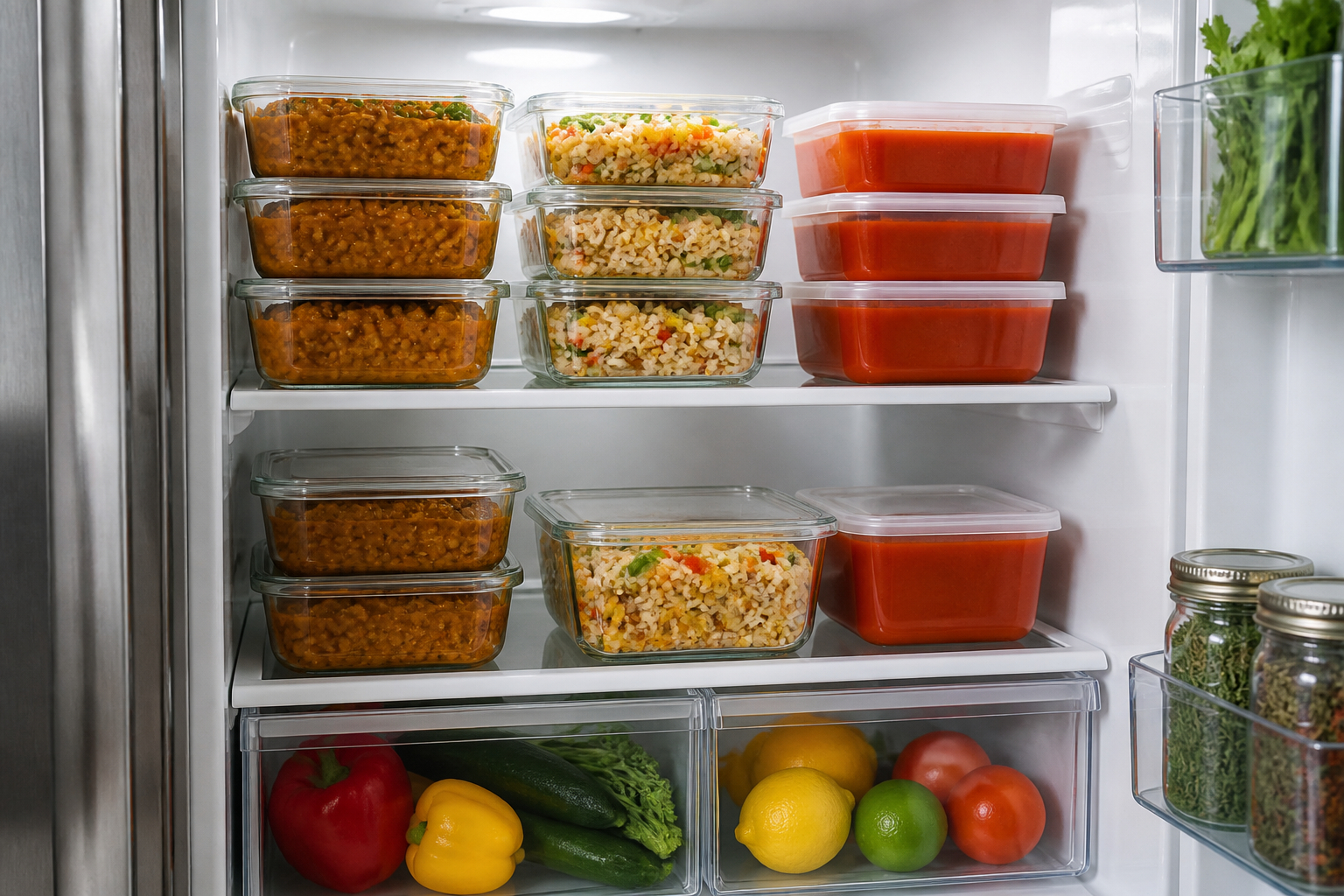 Meal Prep mit haltbaren Zutaten und stapelbaren Frischhaltedosen