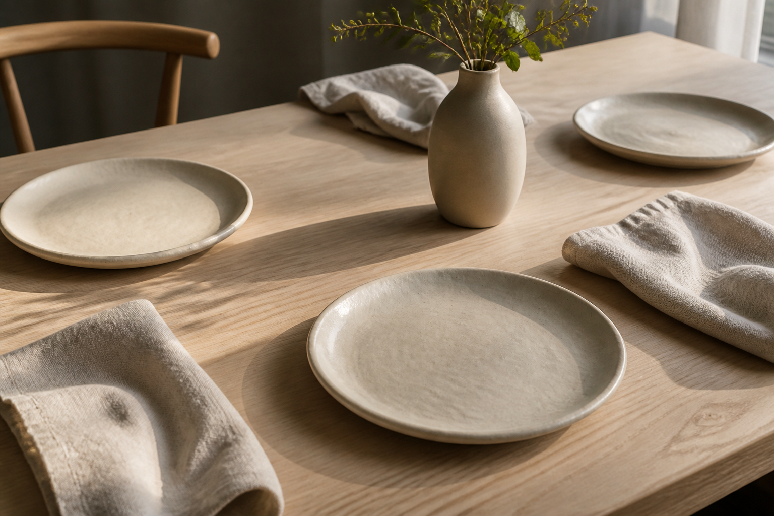 Moderner Esstisch mit Holz Keramik und Leinen