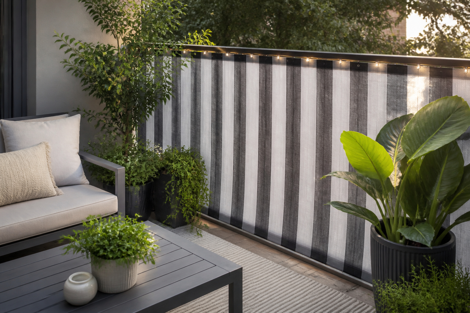 Moderner Balkon mit gestreiftem Sichtschutz