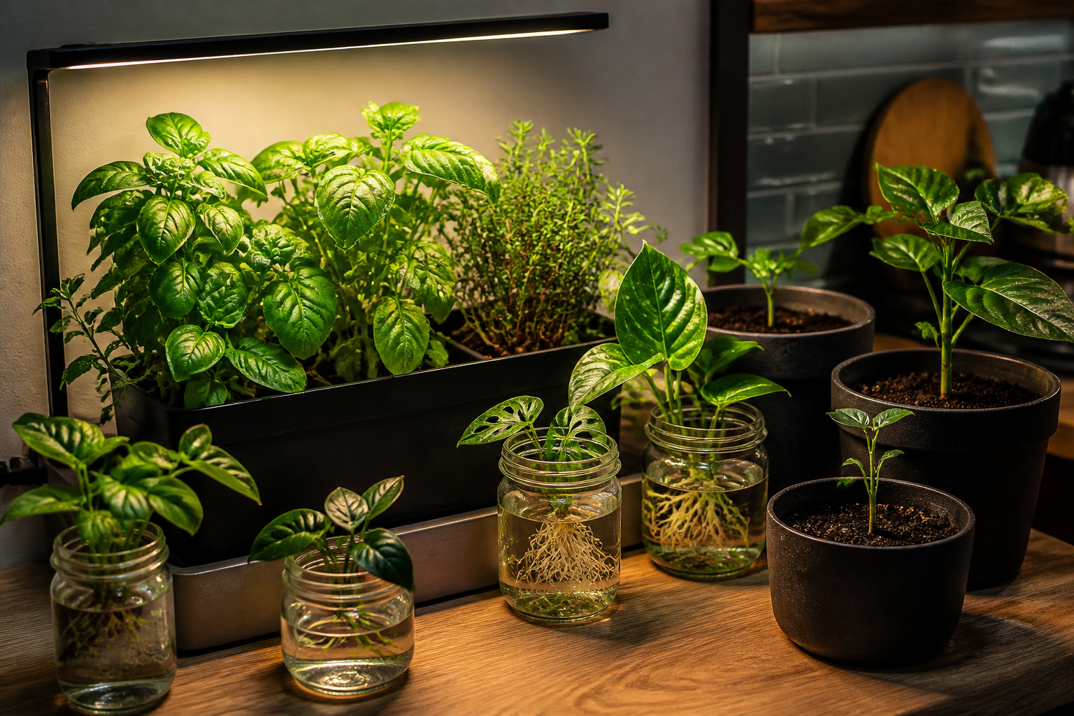 Indoor Anzuchtstation mit LED Licht und Pflanzenstecklingen