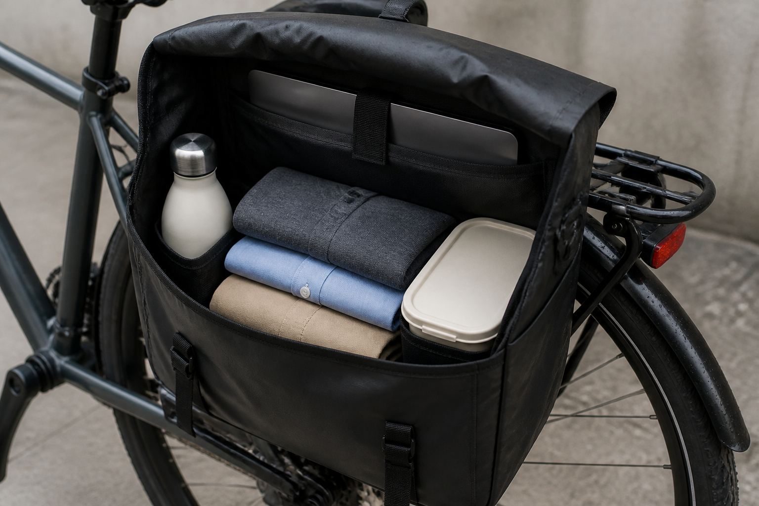 Wasserdichte Fahrradtasche mit Wechselkleidung und Büroausstattung