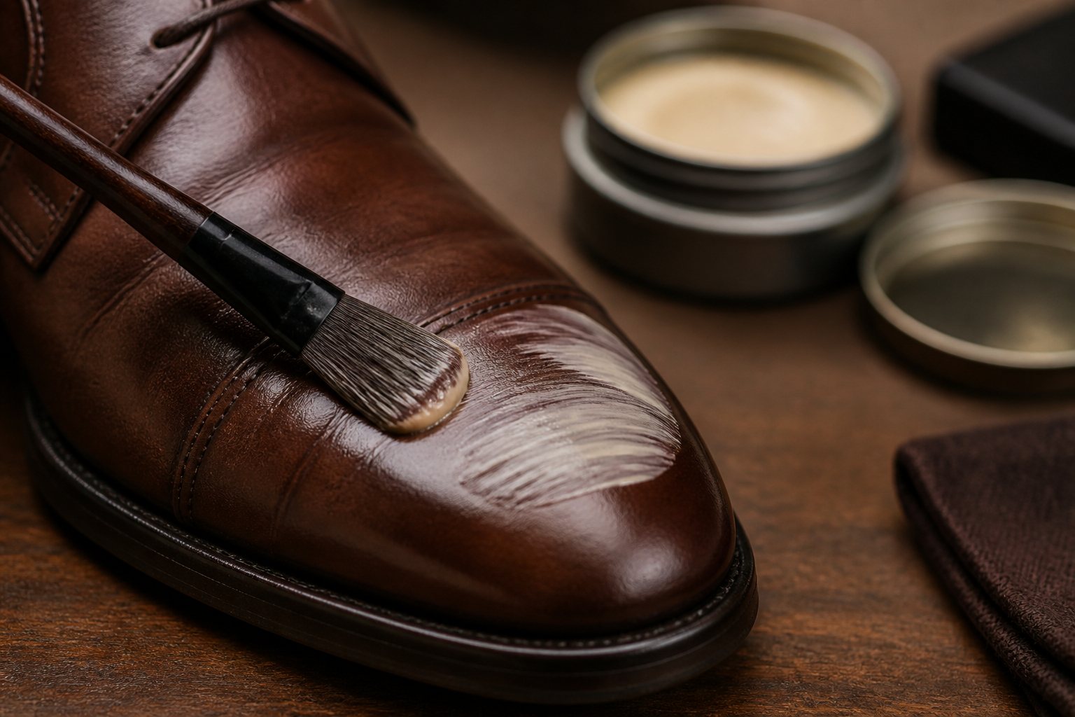 Schuhcreme dünn auf braunes Glattleder auftragen