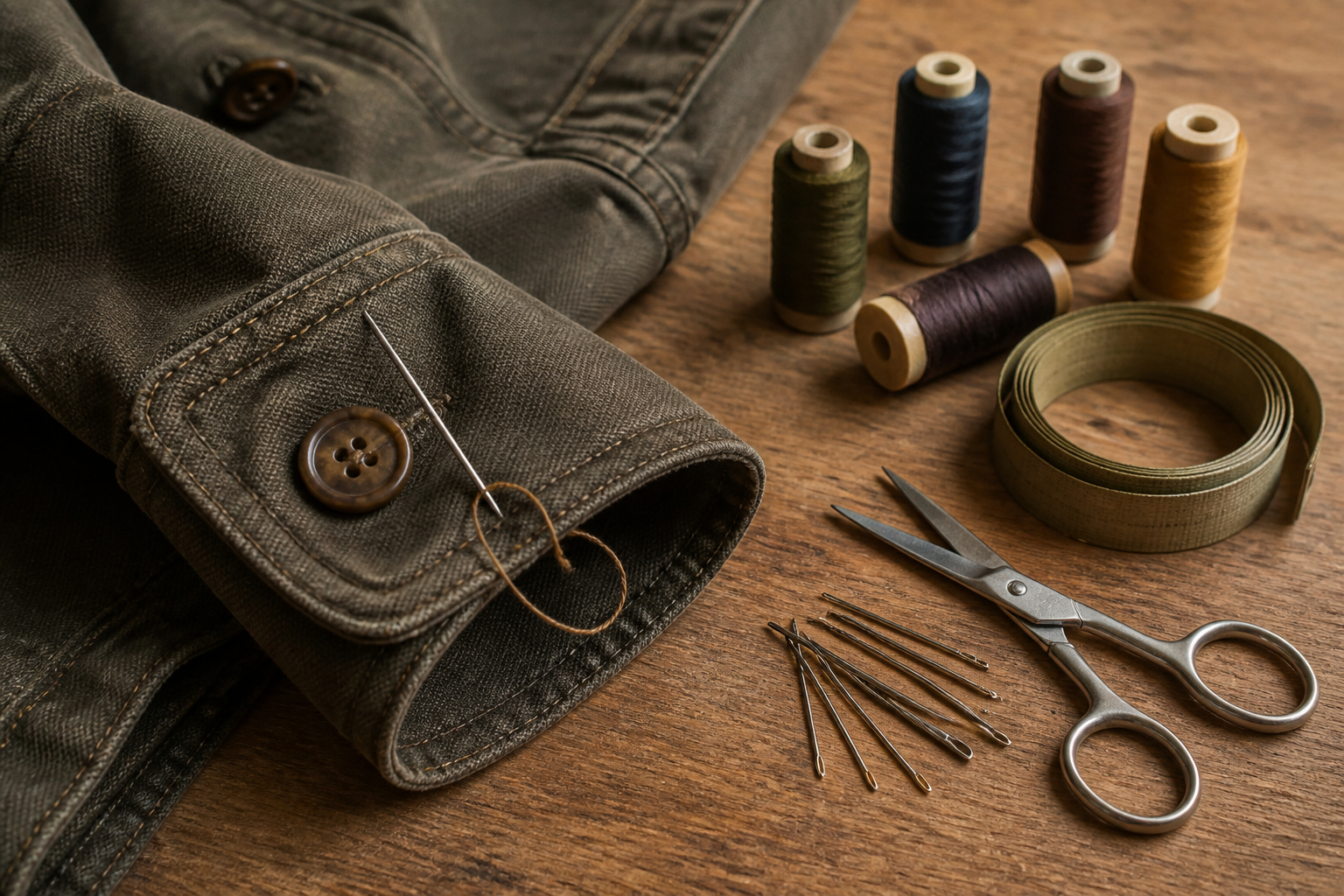 Knopf an Jacke annähen mit kleinem Nähset