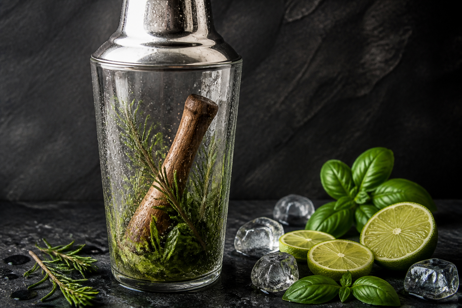 Kräuter im Cocktail-Shaker für alkoholfreie Aperitifs