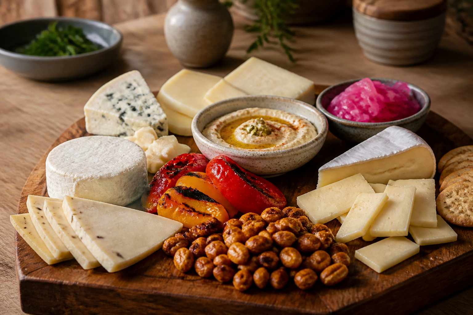Vegetarische Beilagen für eine Käseplatte mit Hummus, Gemüse und Nüssen