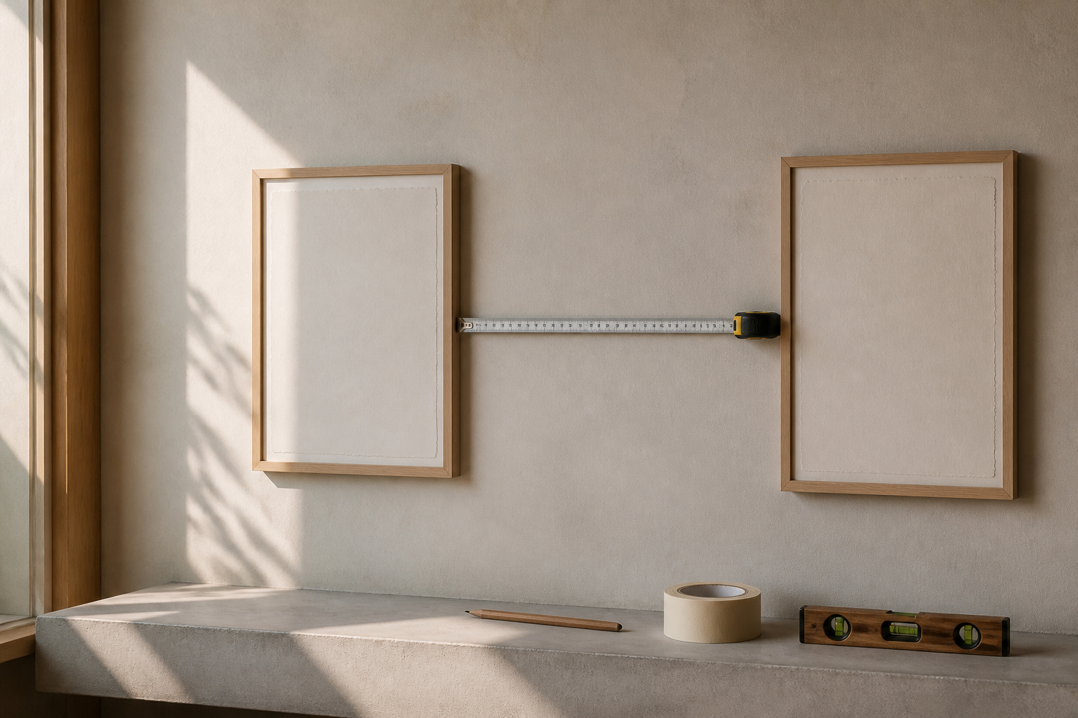 Abstände einer Bilderwand mit Maßband und Wasserwaage prüfen