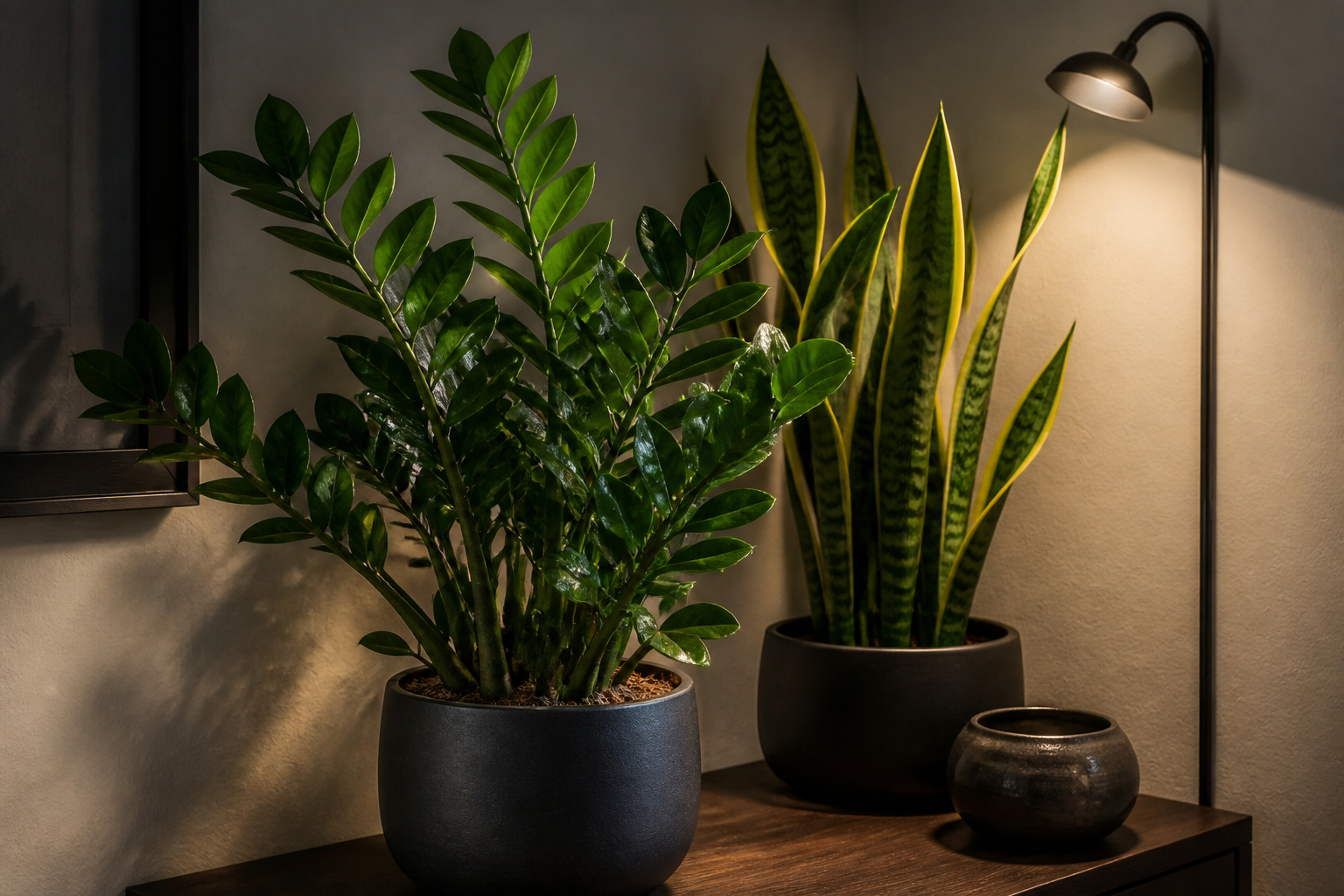Zamioculcas und Bogenhanf für eine dunkle Ecke
