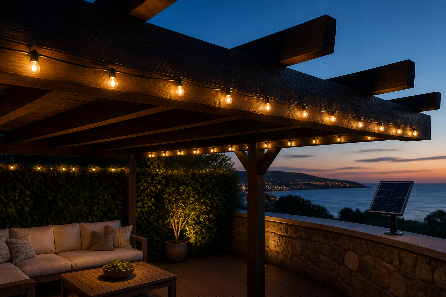 Solar Lichterkette sicher an Pergola und Terrasse befestigt