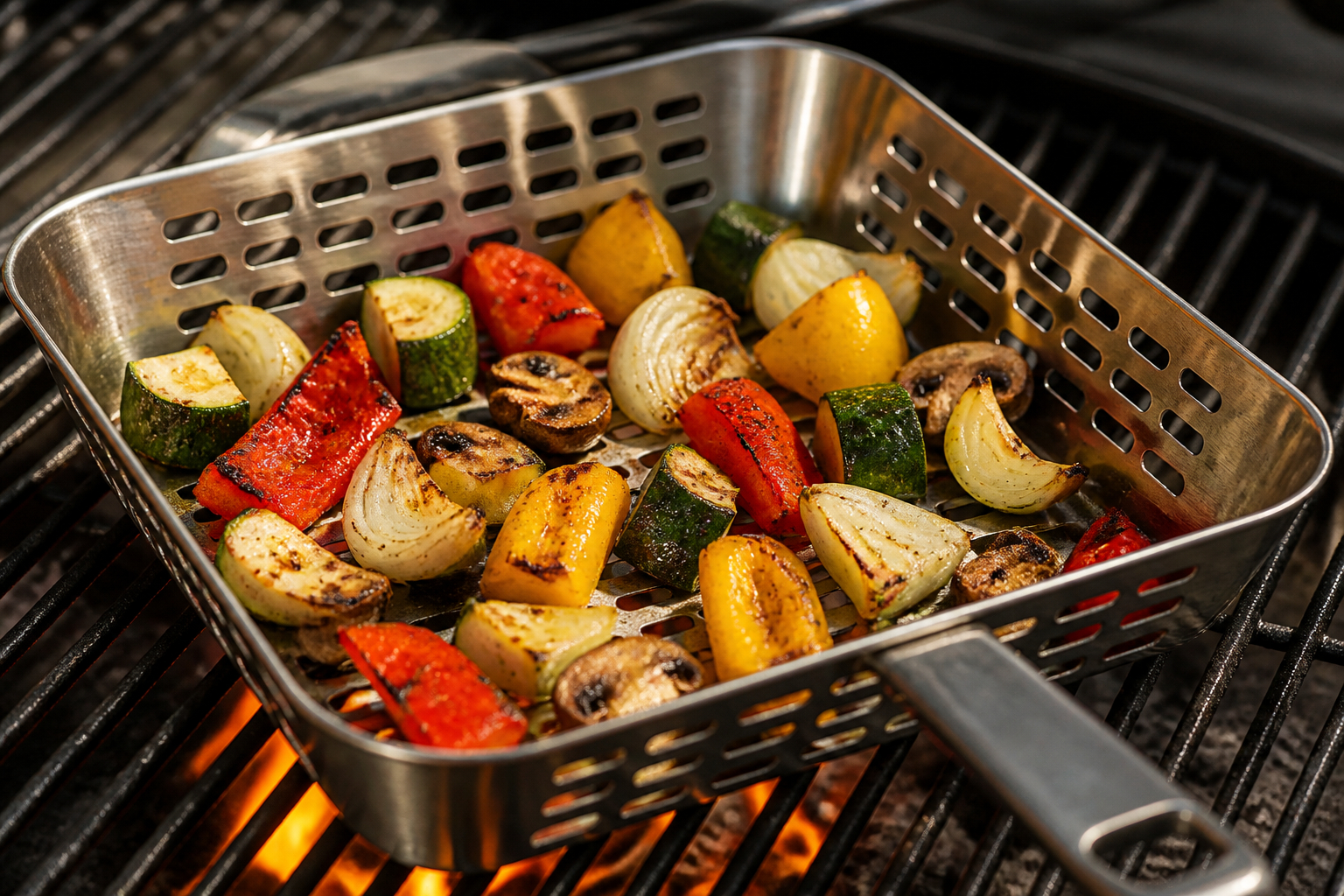Edelstahl Grillkorb mit geröstetem Grillgemüse