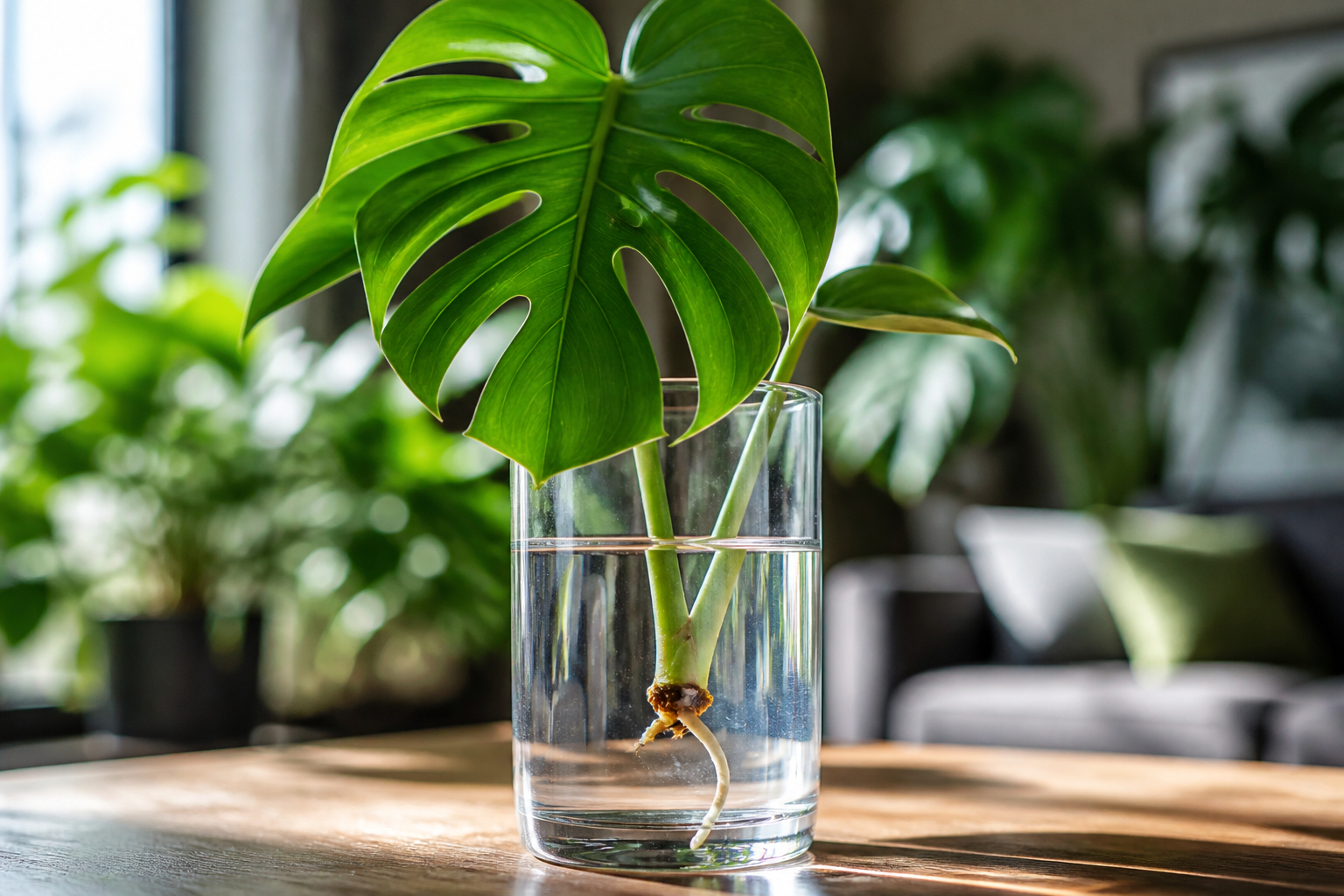 Monstera Steckling mit Knoten und Luftwurzel im Wasserglas