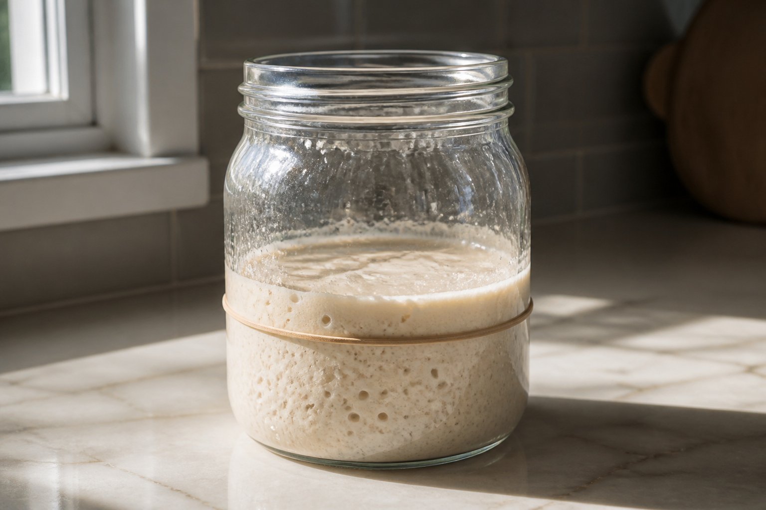 Schwachen Sauerteigstarter im Glas mit sichtbaren Blasen prüfen