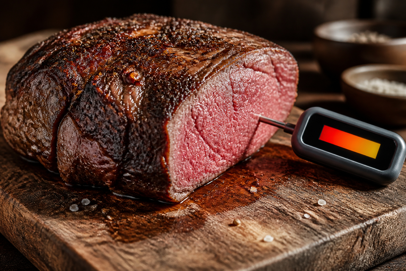 Digitales Bratenthermometer misst die Kerntemperatur eines saftigen Rinderbratens