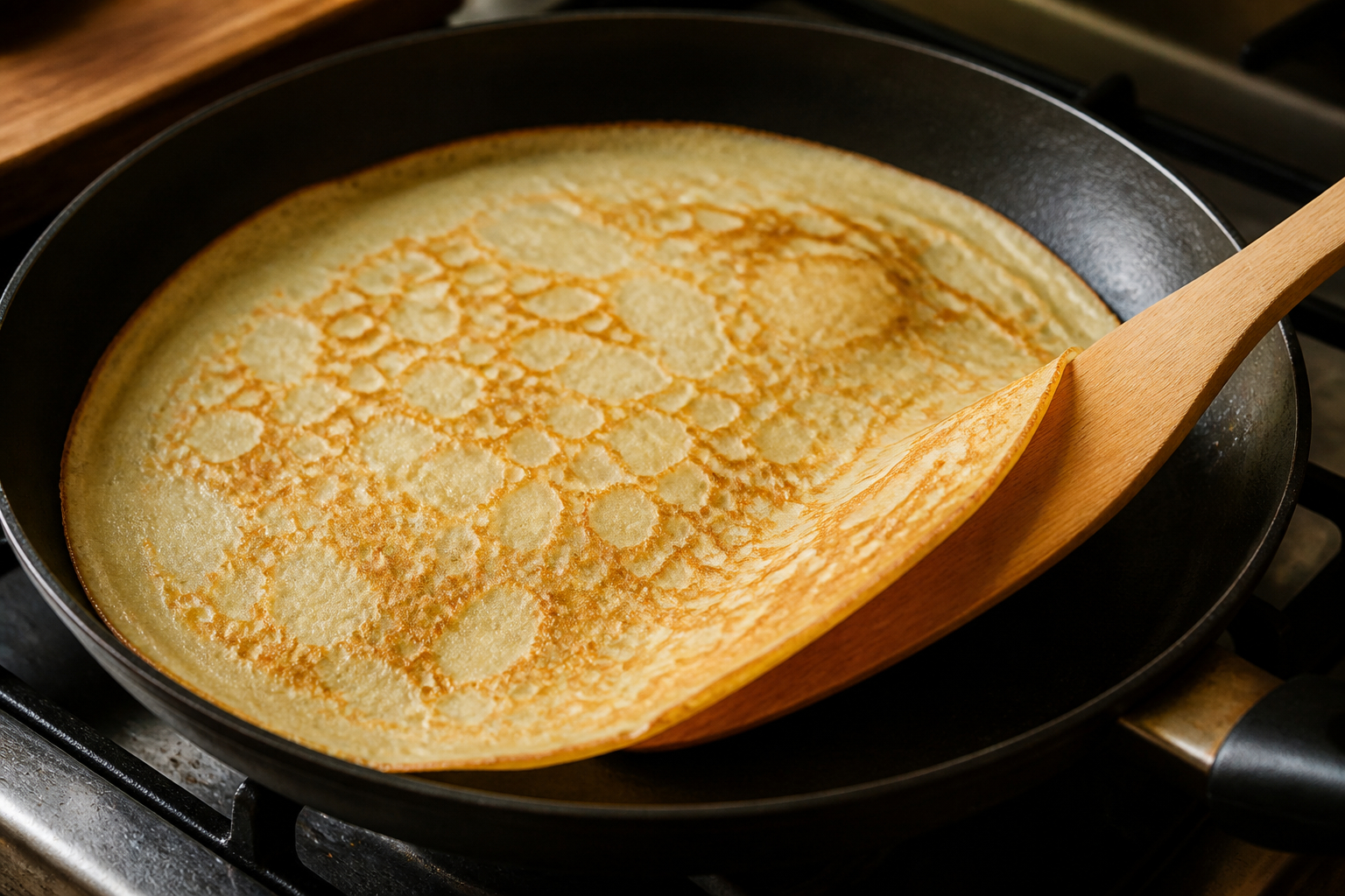 Crêpe am richtigen Wendepunkt in der Pfanne