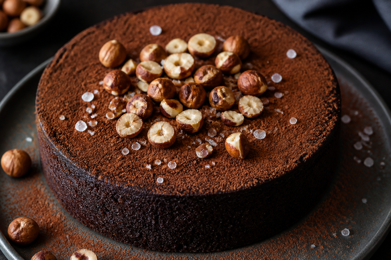 Schokoladendessert mit Kakao, Nüssen und Salz