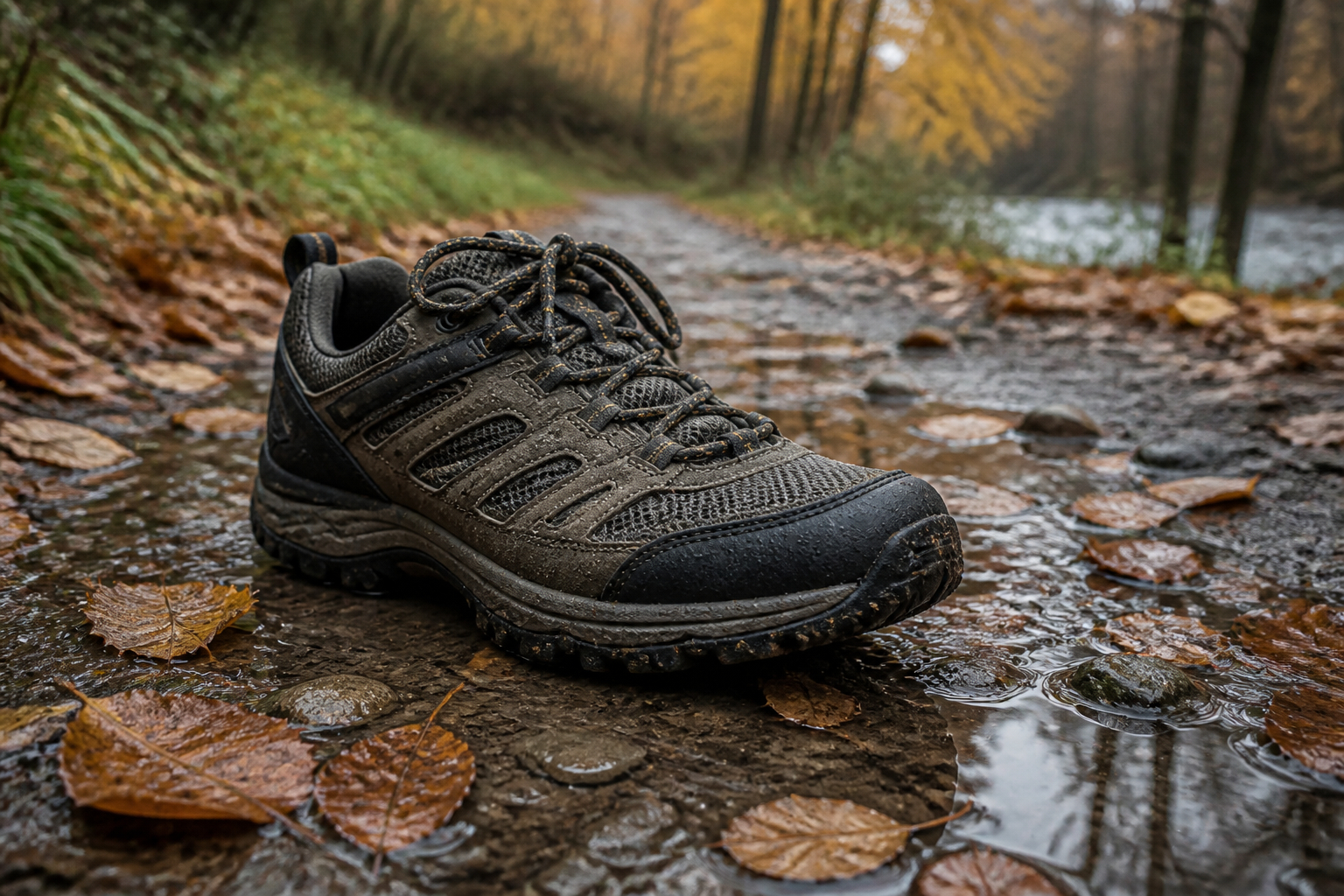 Wetterfester Wanderschuh auf nassem Herbstweg