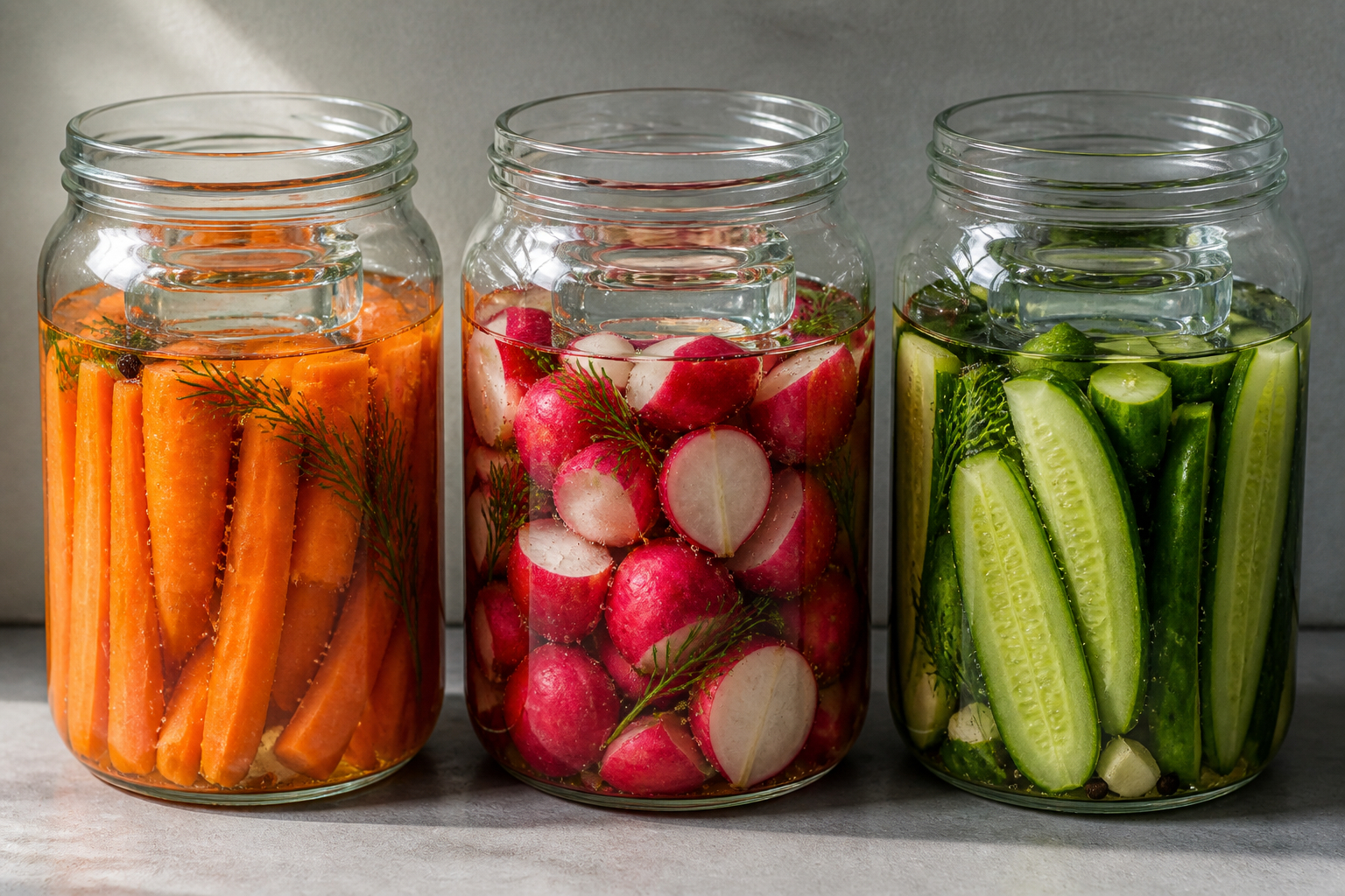 Fermentierte Möhren Radieschen und Gurken im Glas