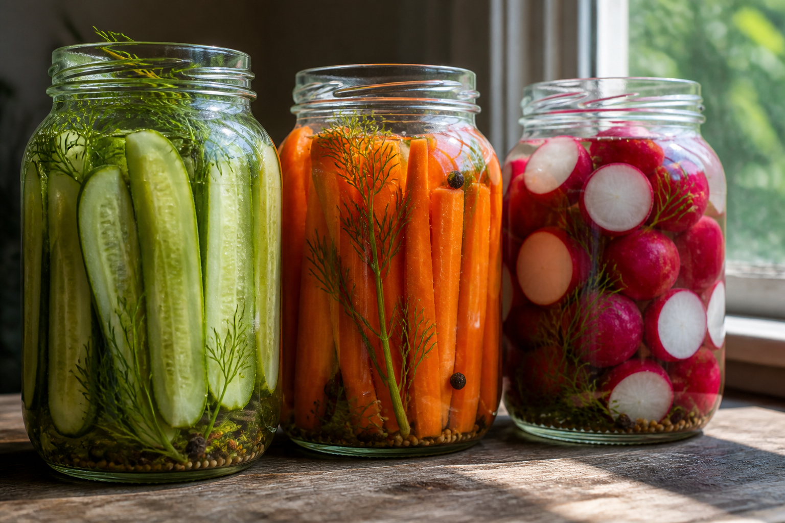 Fermentierte Gurken Möhren und Radieschen im Glas