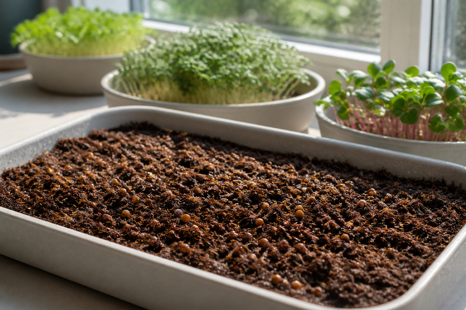 Microgreens Samen gleichmäßig in einer Anzuchtschale verteilen