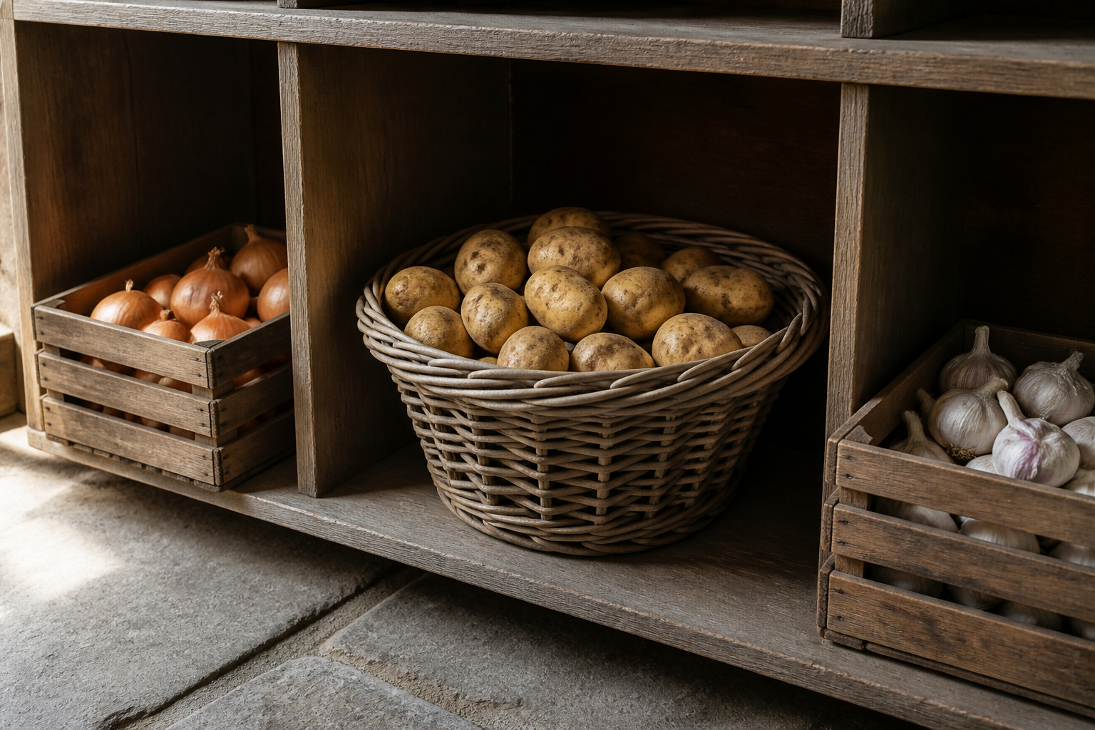 Kartoffeln Zwiebeln und Knoblauch getrennt in Vorratsbehältern lagern