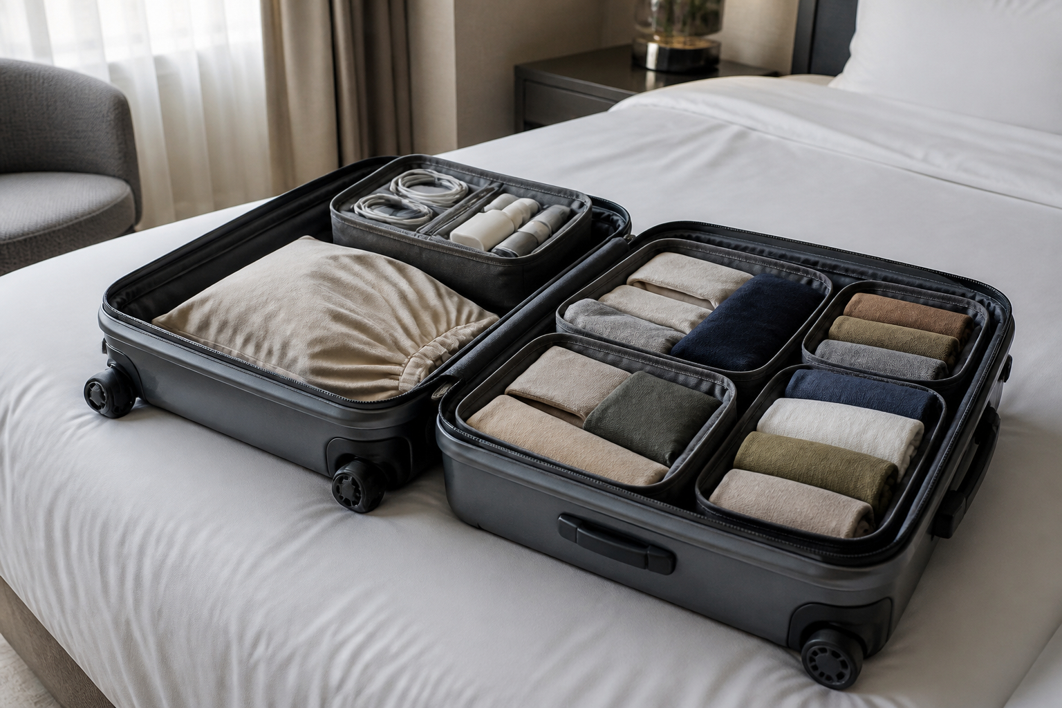Handgepäck im Hotel mit Packwürfeln organisieren