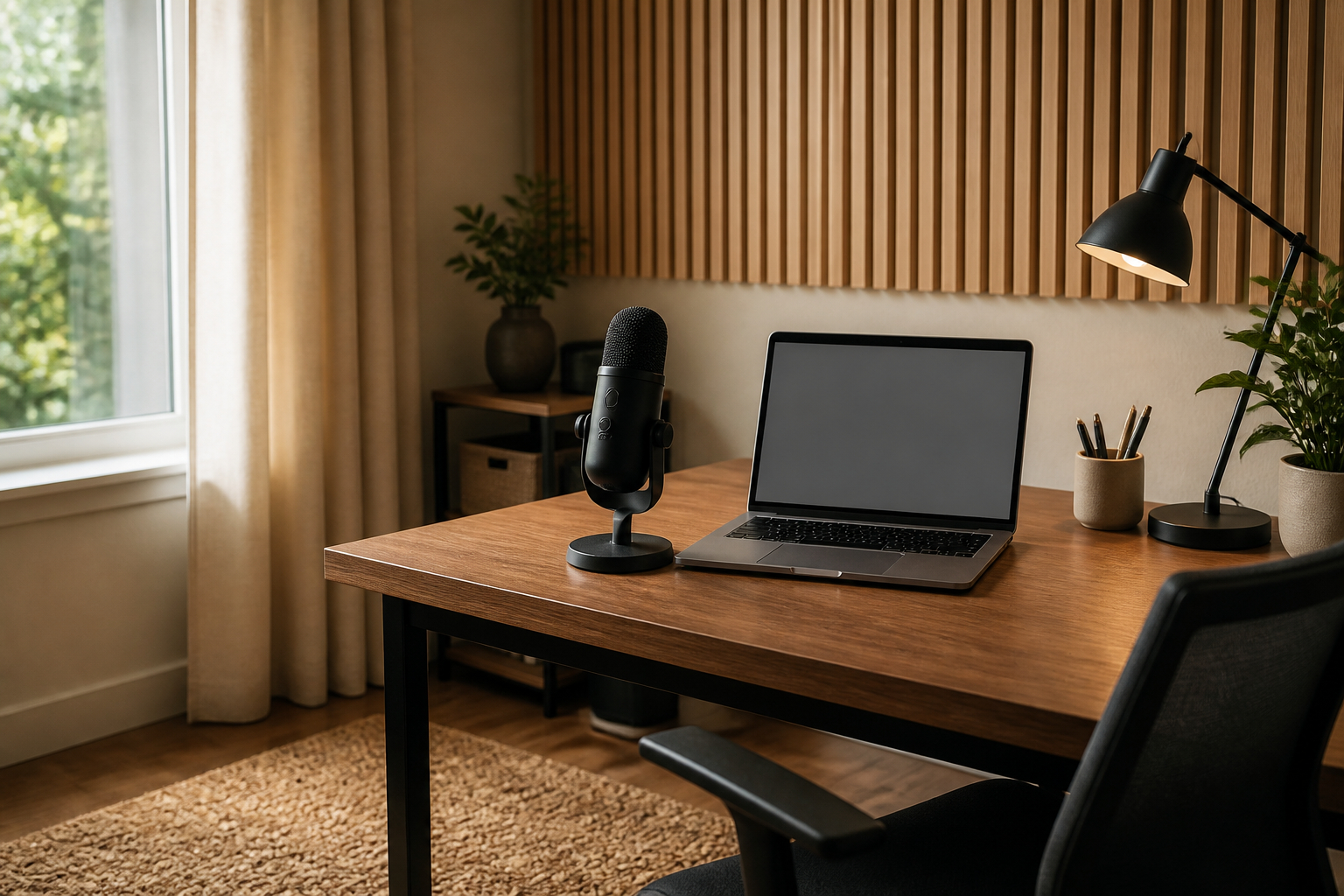Homeoffice mit Akustikpaneelen für klare Sprache und weniger Hall