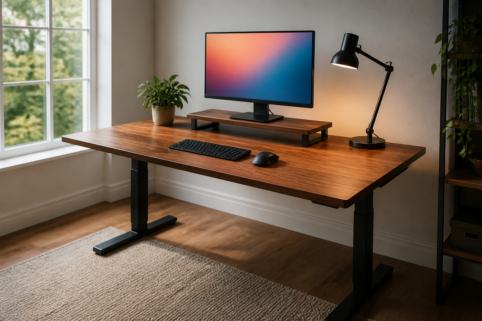 Homeoffice mit Monitorständer, externer Tastatur und Bewegungspause