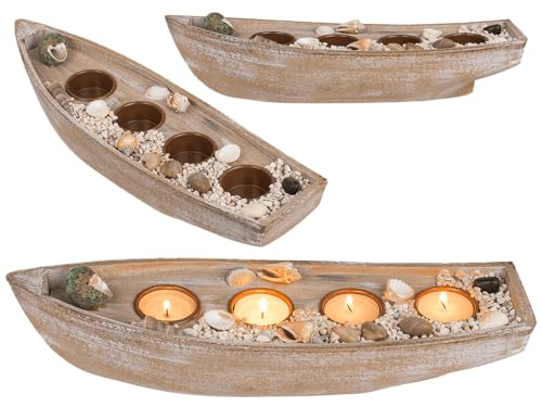 Holz-Boot für 4 Teelichte, Muscheldeko & Steine