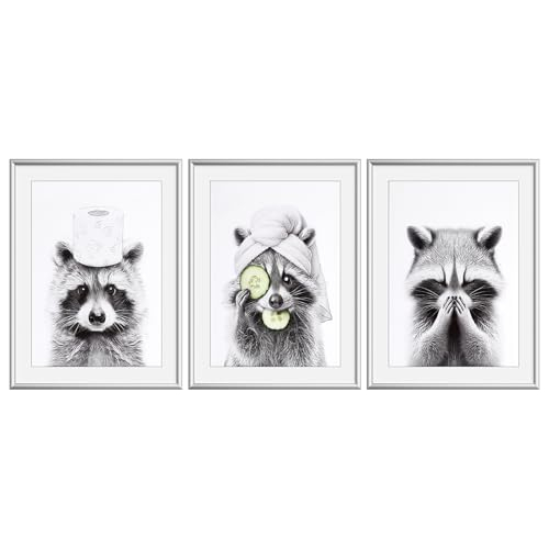 3PCS Lustige Waschbär Bilder Badezimmer Schwarz Weiß Leinwand Bild
