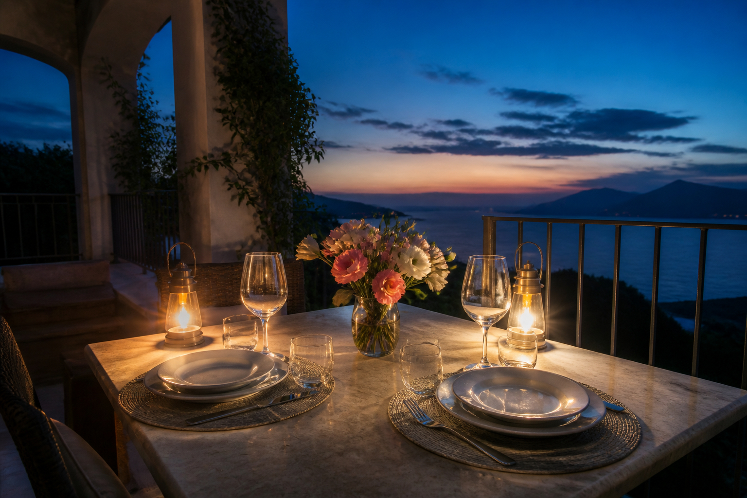 Romantisches Dinner mit geschützten Windlichtern im Freien