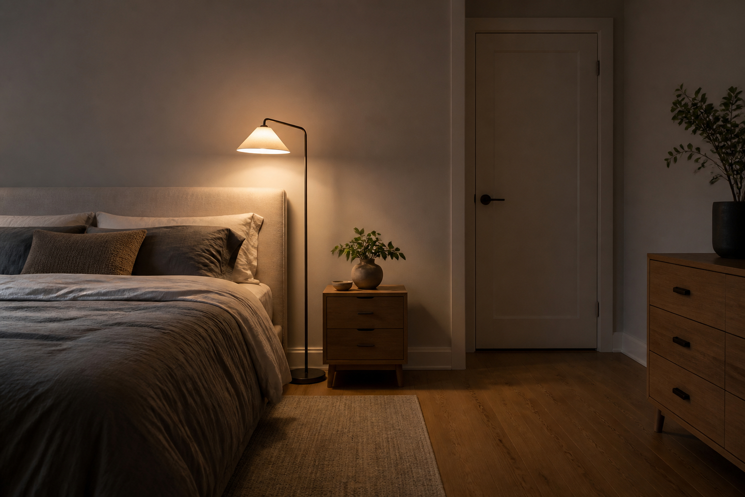 Gedimmtes warmweißes Licht im Schlafzimmer mit Stehlampe