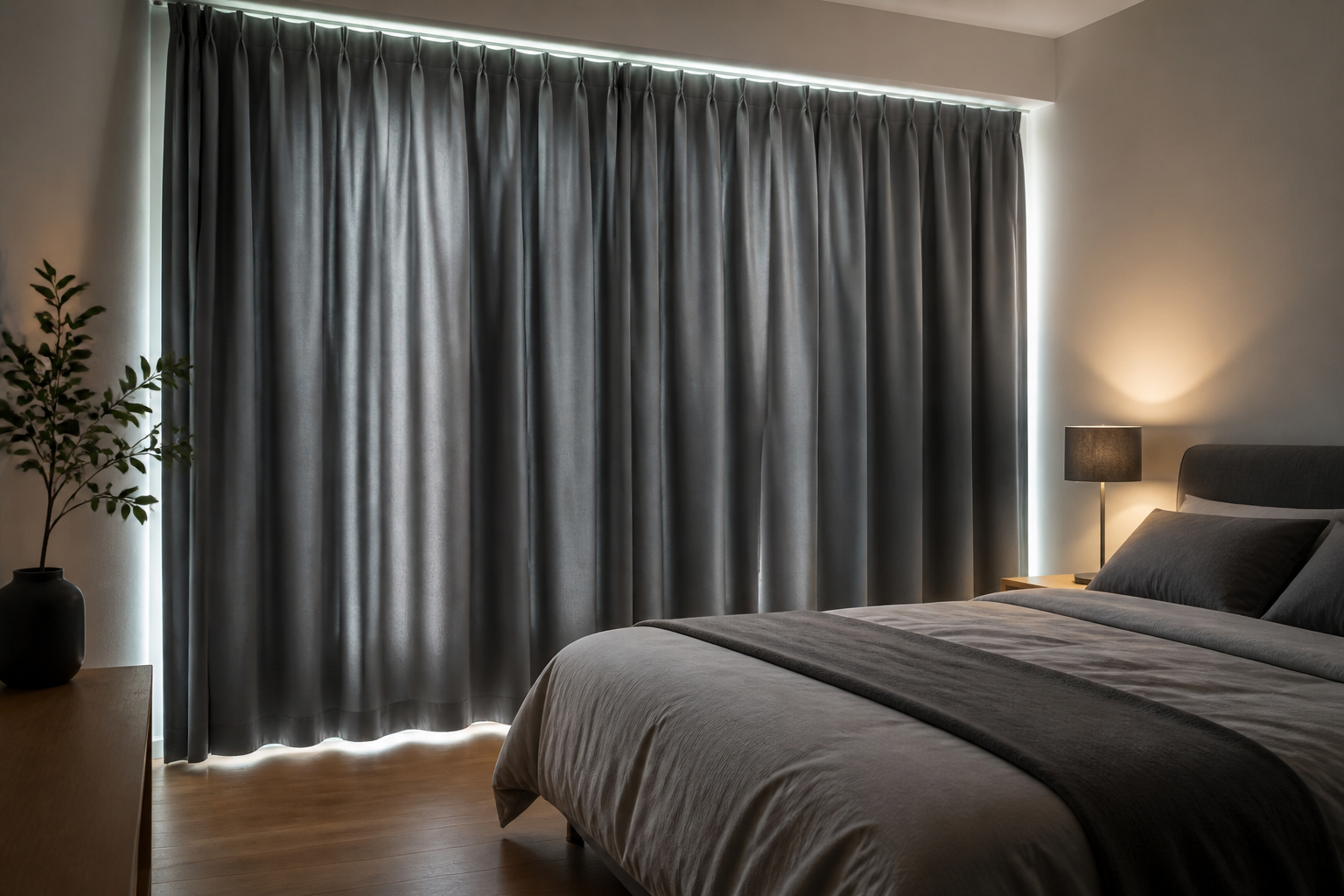 Graue Thermovorhänge im Schlafzimmer für Verdunkelung und Wärmeschutz