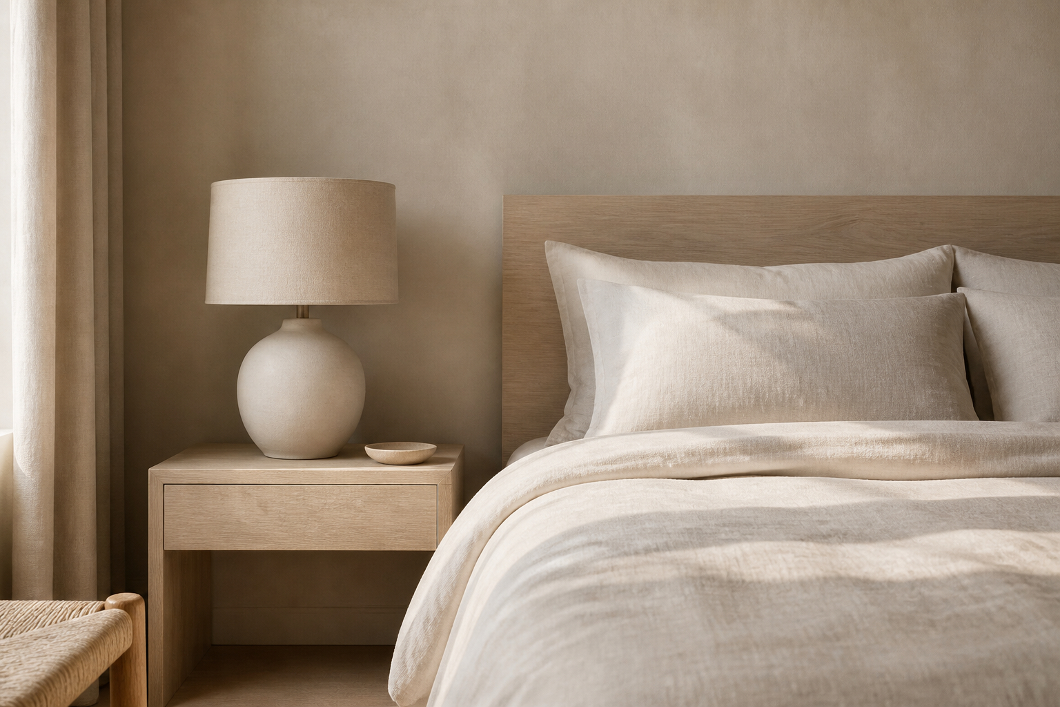 Schlafzimmer mit Leinenkissen Holz und Keramiklampe
