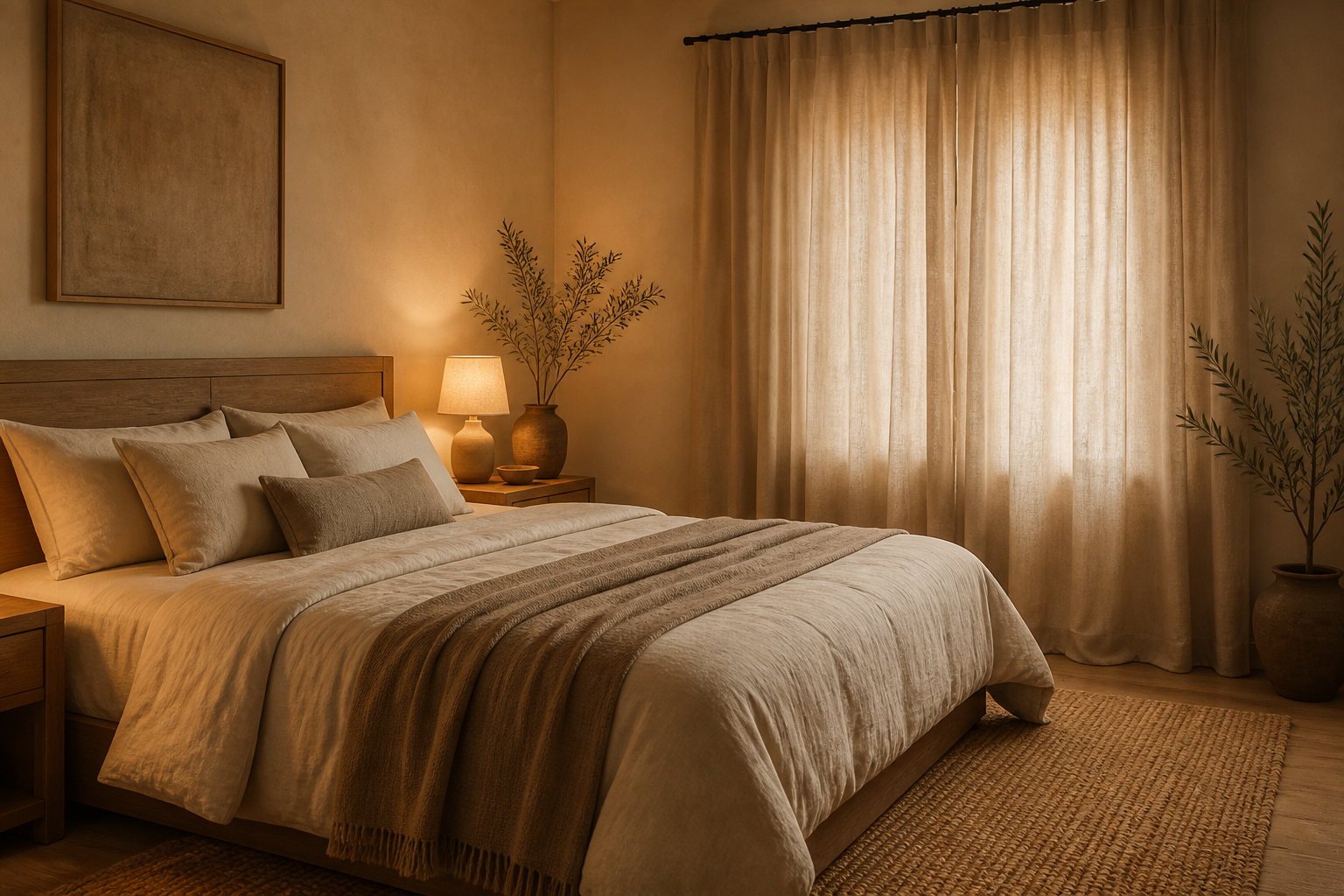 Ruhiges Schlafzimmer mit neutralen Farben und weichen Materialien