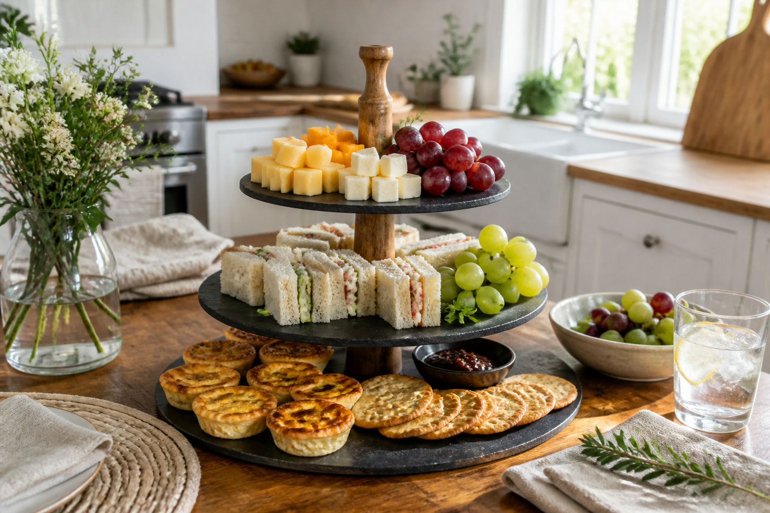 Herzhafter Brunch mit Käse und Canapés auf Etagere