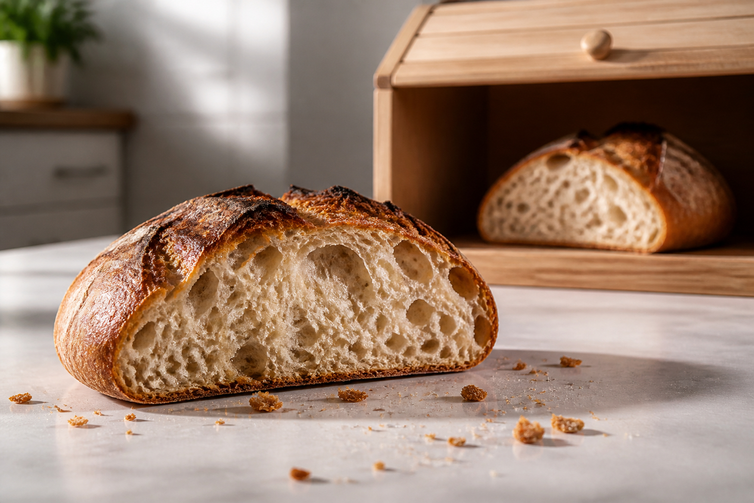 Frisch angeschnittenes Brot und Brotbox auf einem Küchentisch