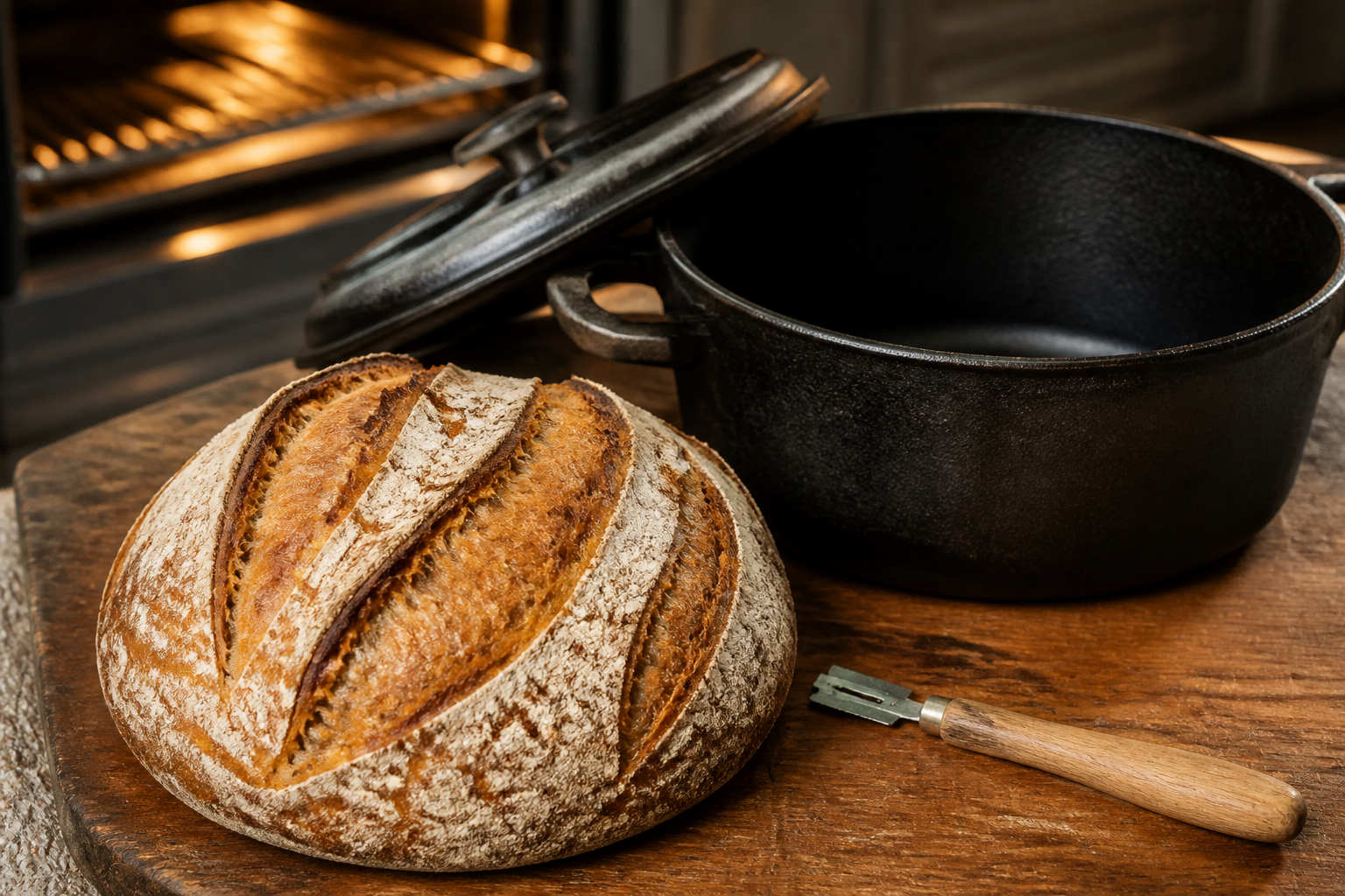 Sauerteigbrot im Gusseisentopf einschneiden und backen
