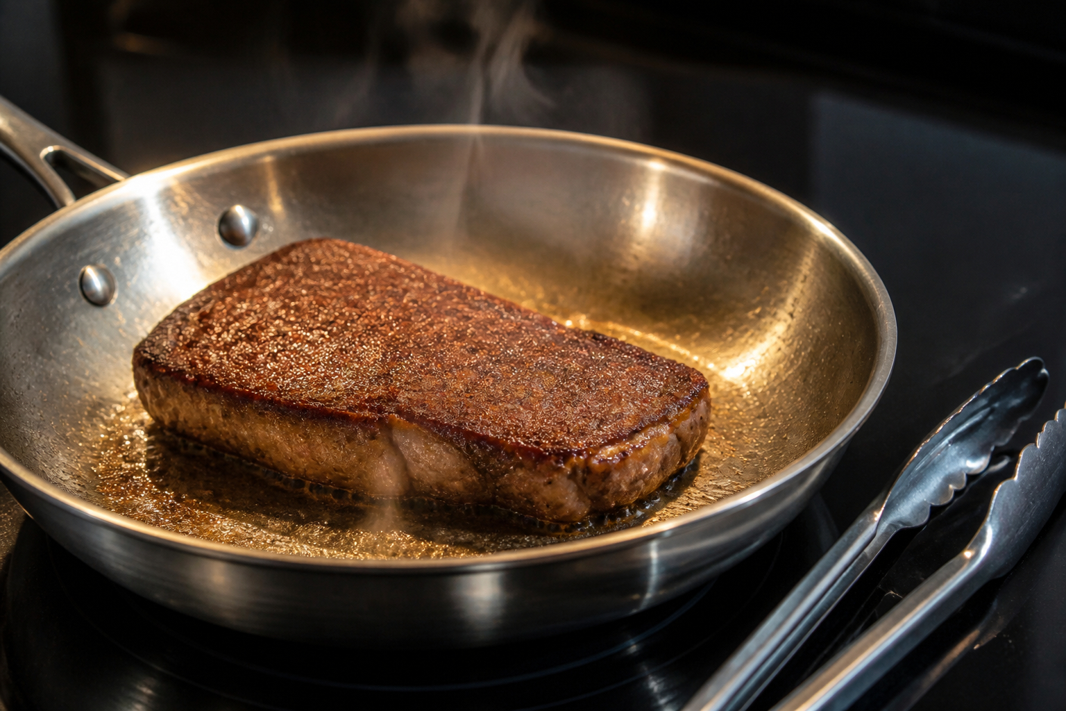 Steak mit Röstaromen in einer unbeschichteten Edelstahlpfanne