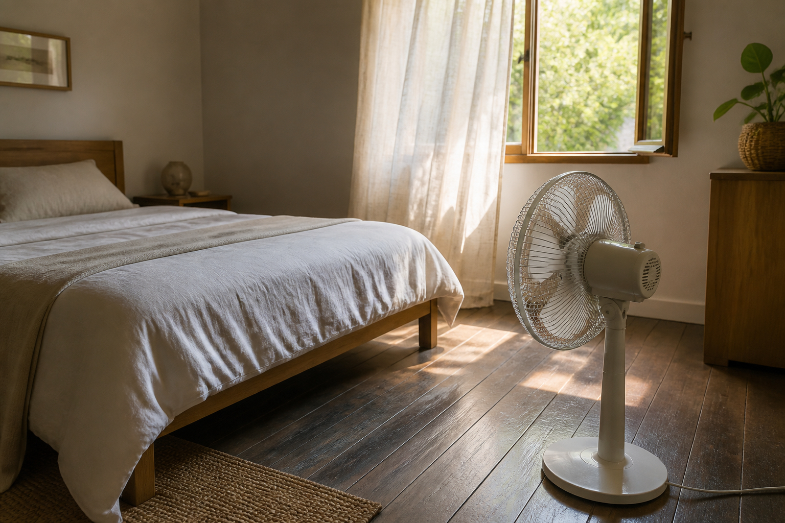 Standventilator im Schlafzimmer fuer angenehme Luftzirkulation