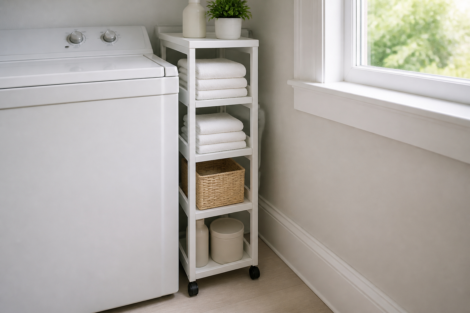 Schmales Nischenregal zwischen Waschmaschine und Wand