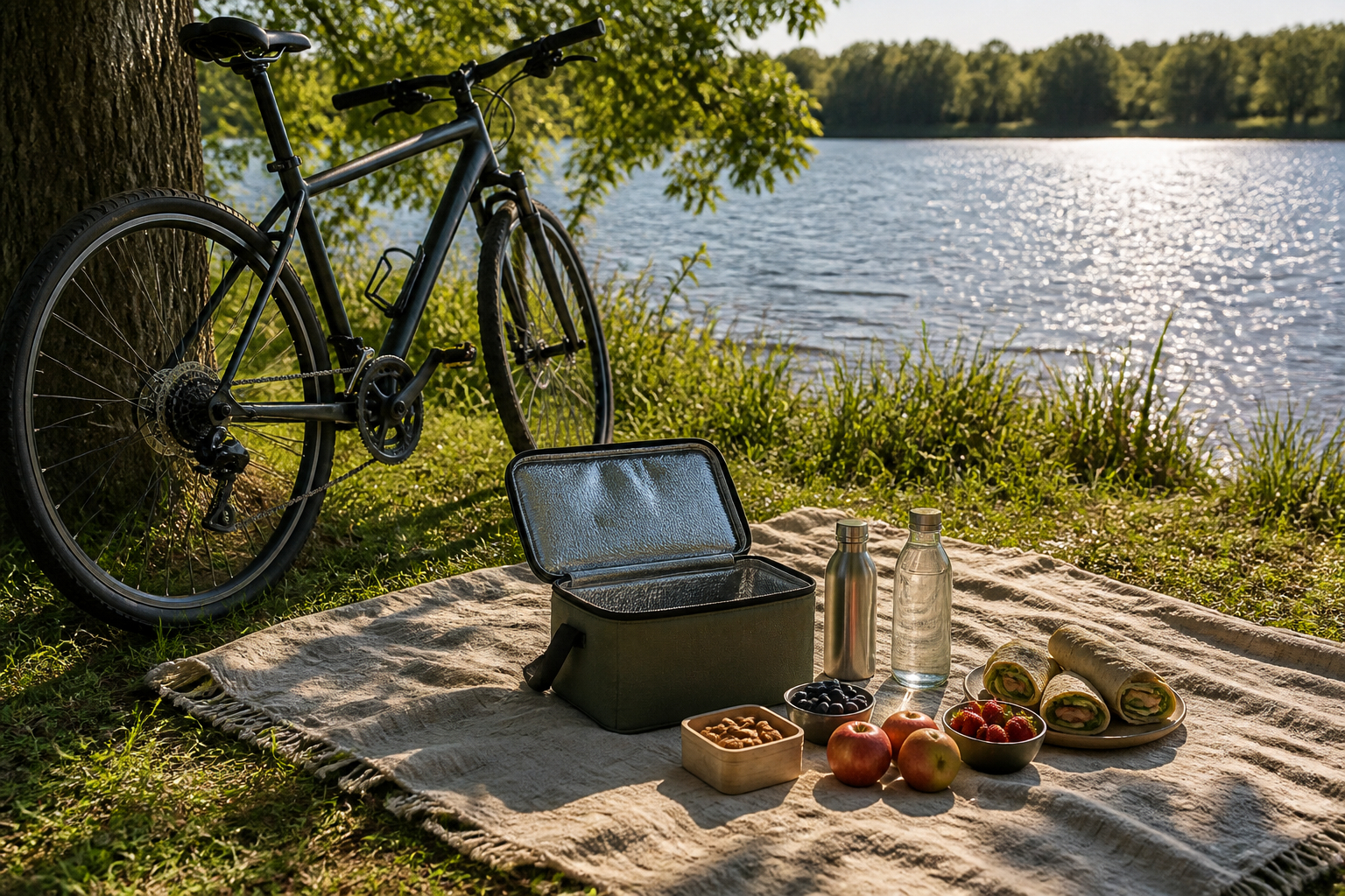 Picknick auf Reisen am See mit Fahrrad und Kühltasche