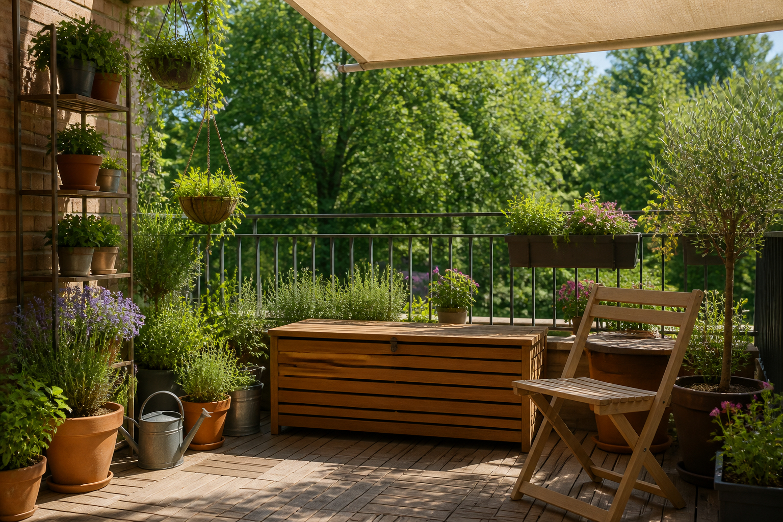 Sommerbalkon mit Kräutern, Blumen und Sonnenschutz